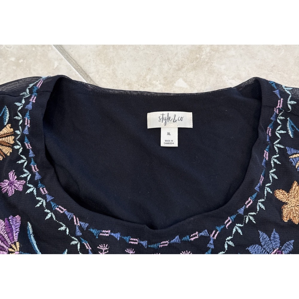 Style Co Black Mesh Embroidered Floral Peplum Top Sz XL Long Sheer Lined Boho - Picture 9 of 11
